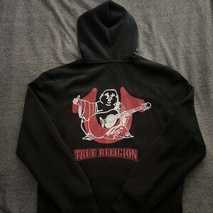 True Religion Black Hoodie with Red Buddha Graphic